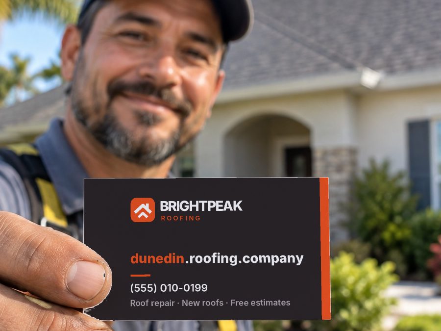dunedin.roofing.company on a roofer's business card