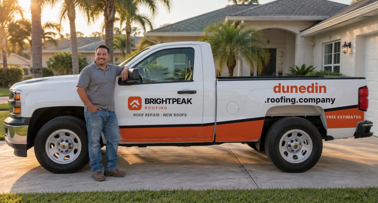dunedin.roofing.company painted on the side of a white work truck