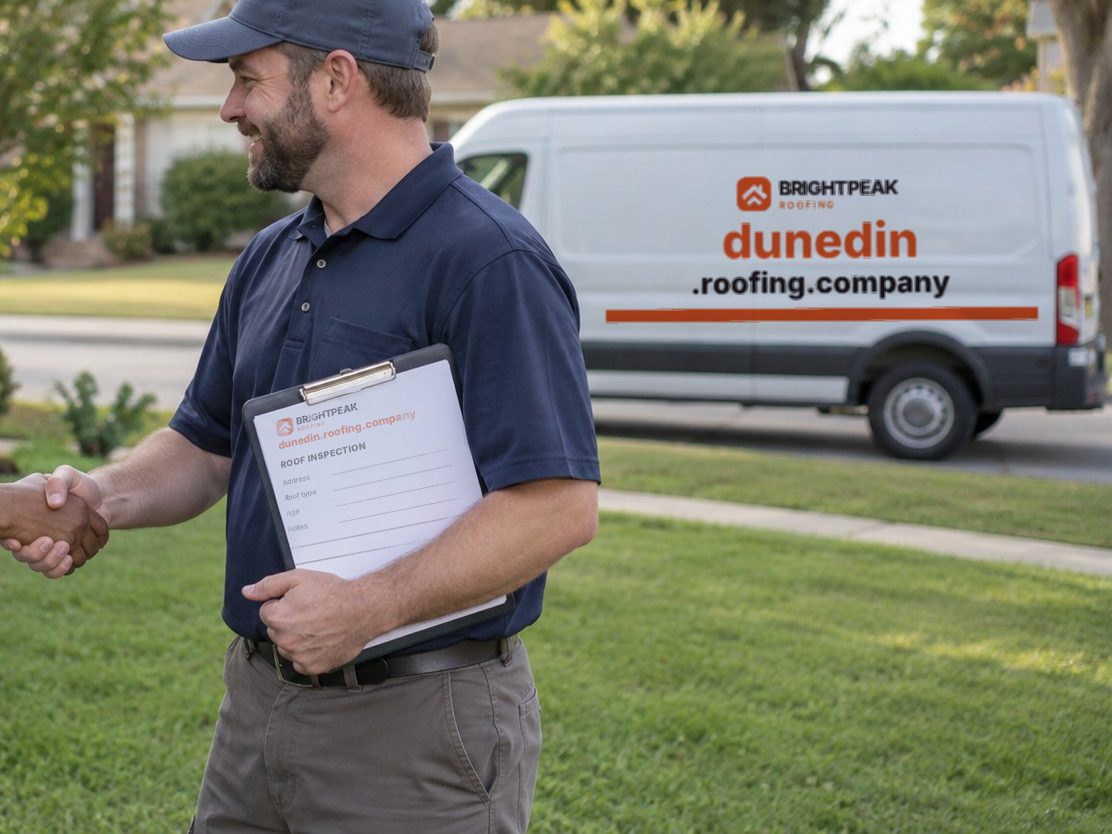 dunedin.roofing.company on a roofing van and an inspection form